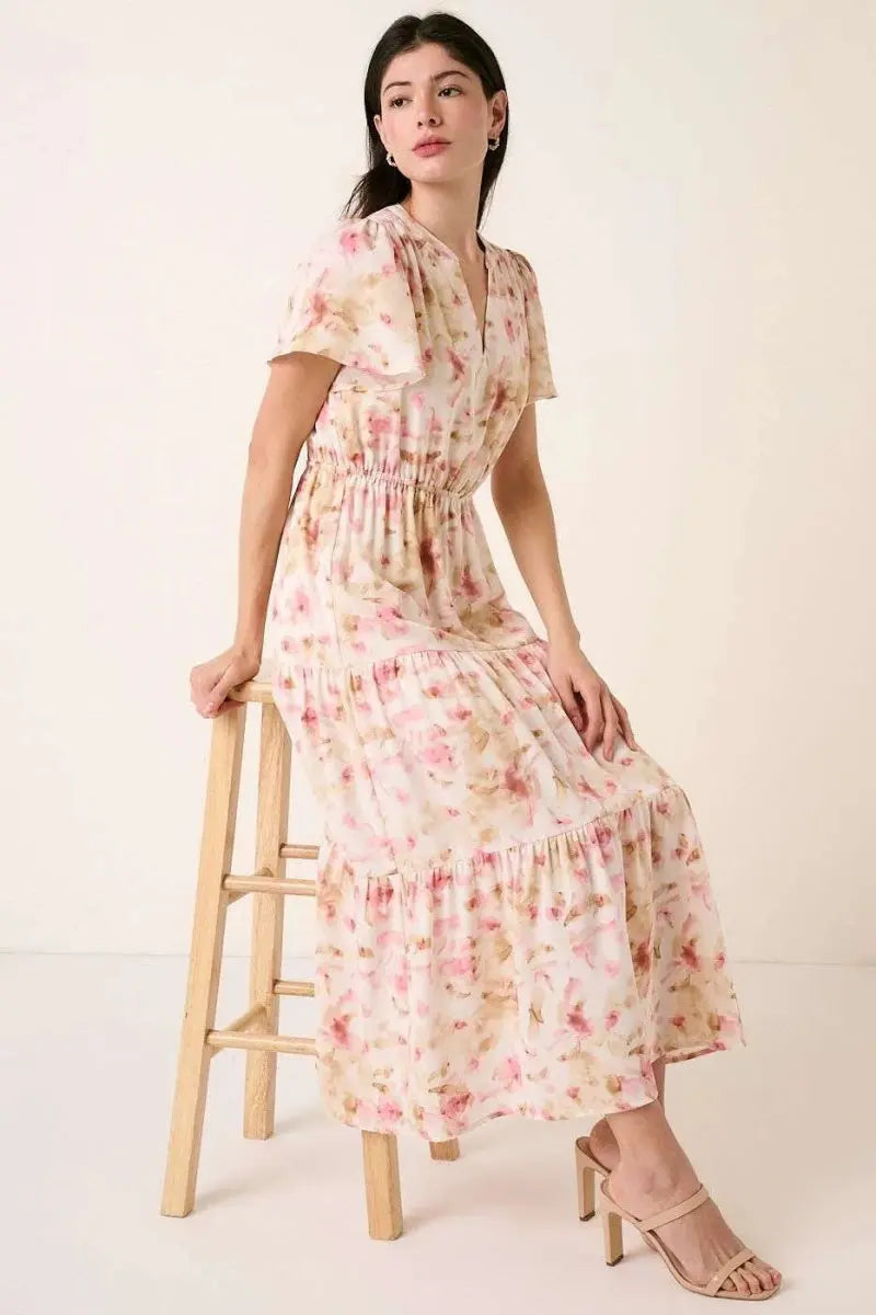 Mittoshop Flower Print Flutter Sleeve V Slit Maxi Dress - Love Salve